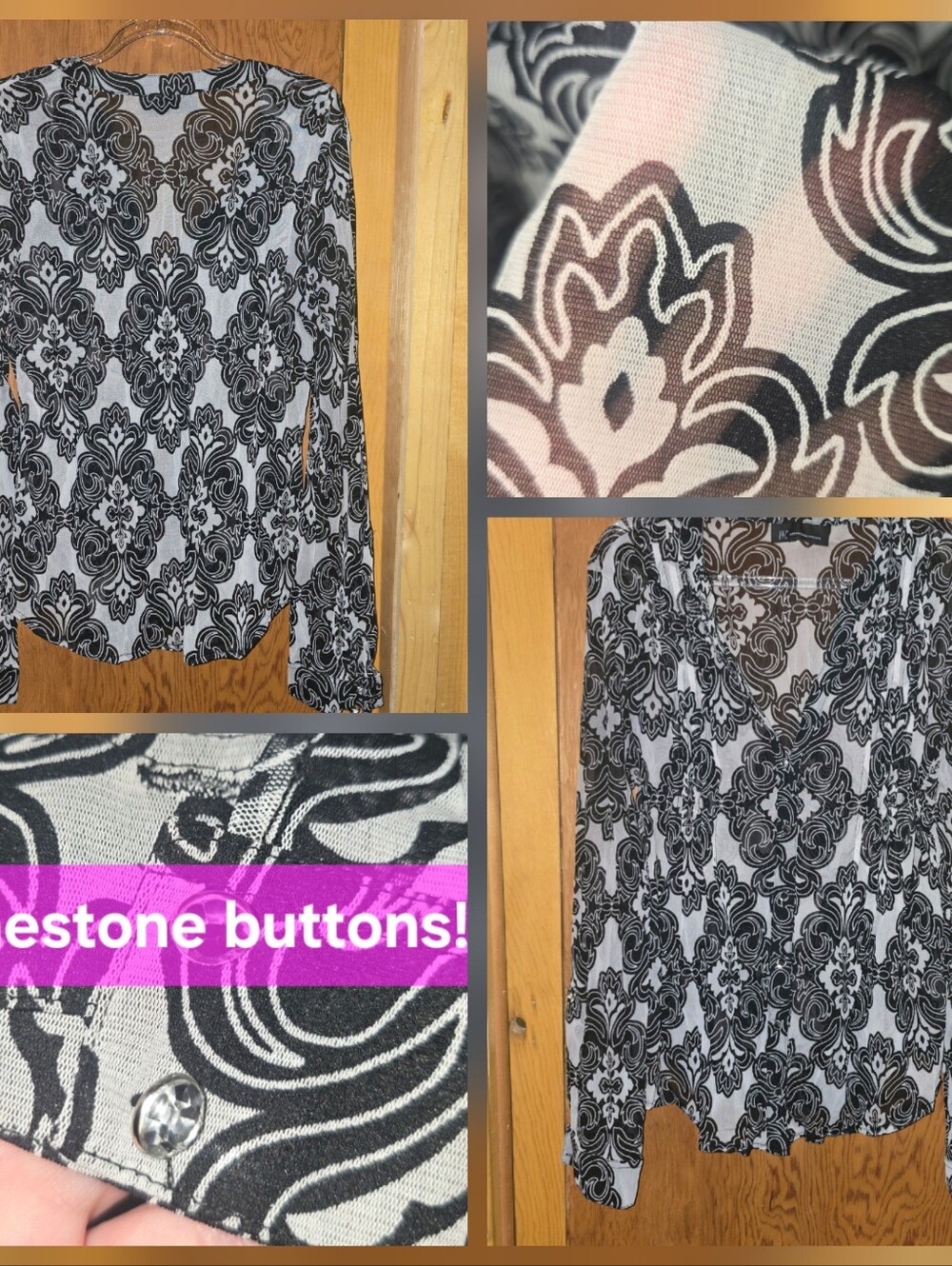 INC like new womens large sheer black and white rhinestone button long-sleeve